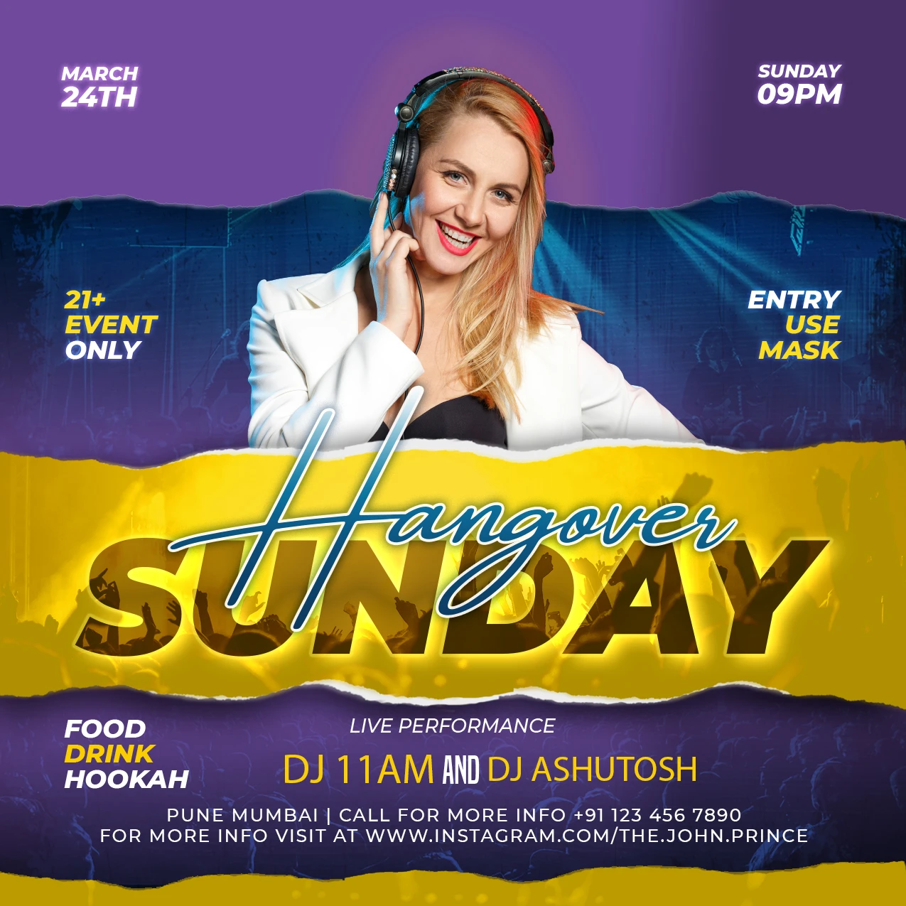 Purple and yellow Hangover Sunday DJ poster