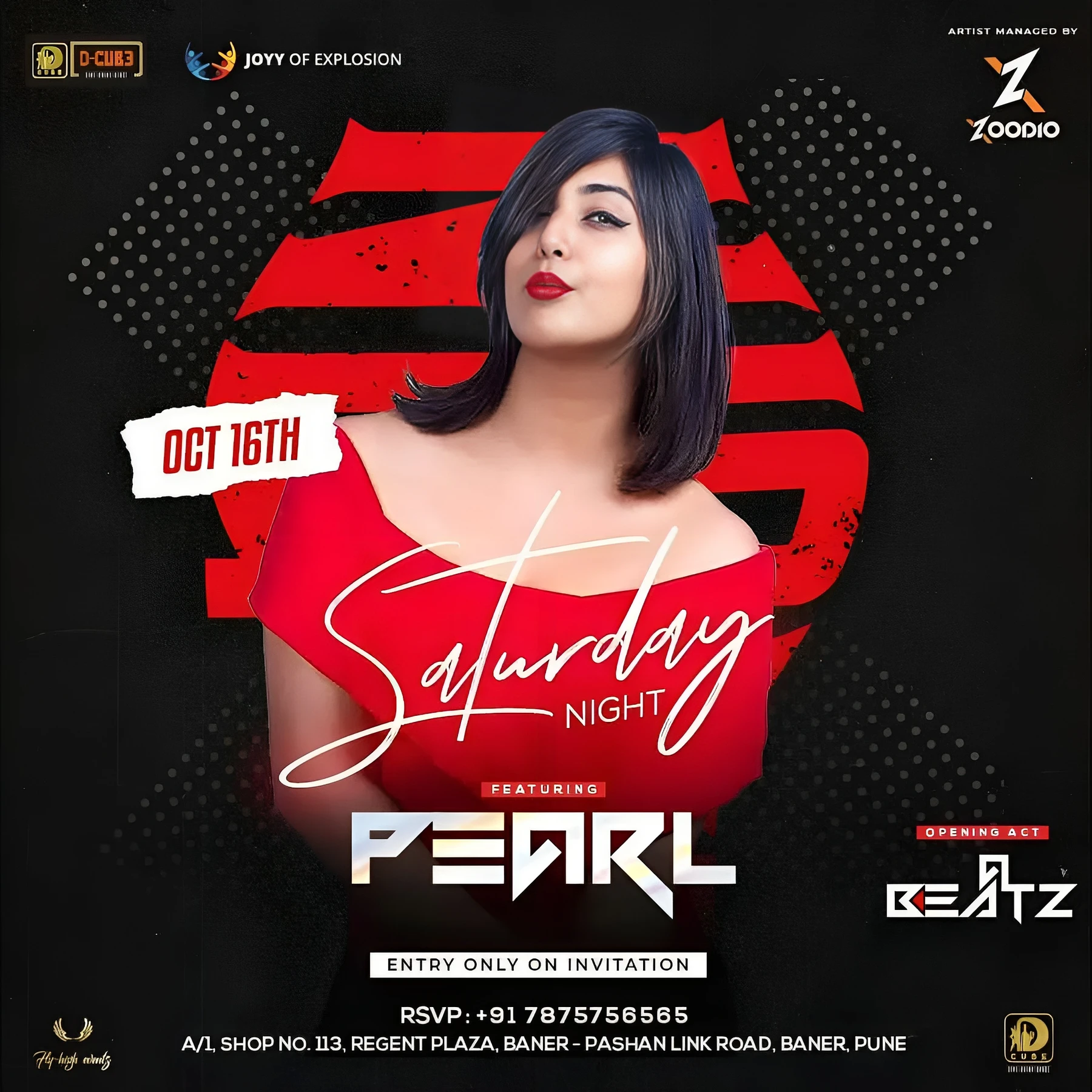 Red and black Saturday Night poster featuring Pearl