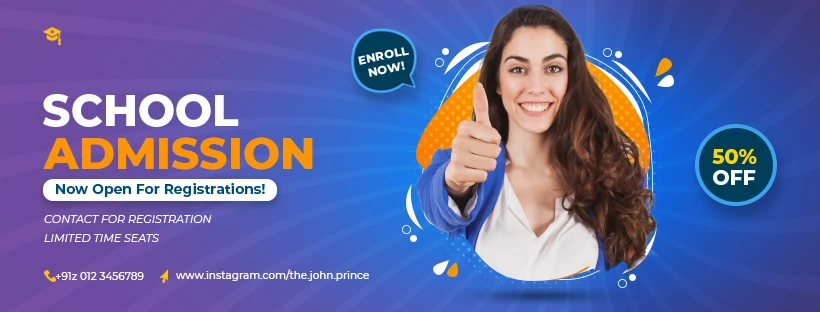 Purple and blue school admissions banner with a portrait and yellow headline