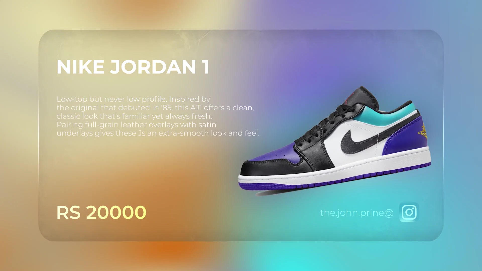 A sneaker on a translucent product card over a colorful gradient
